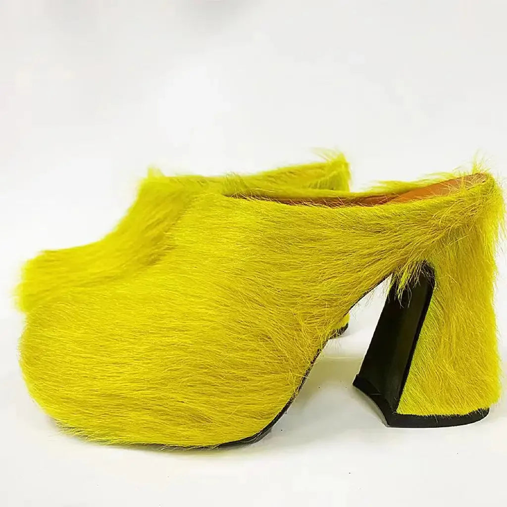 Vibrant Green Faux Fur Platform Block Heels on Luulla