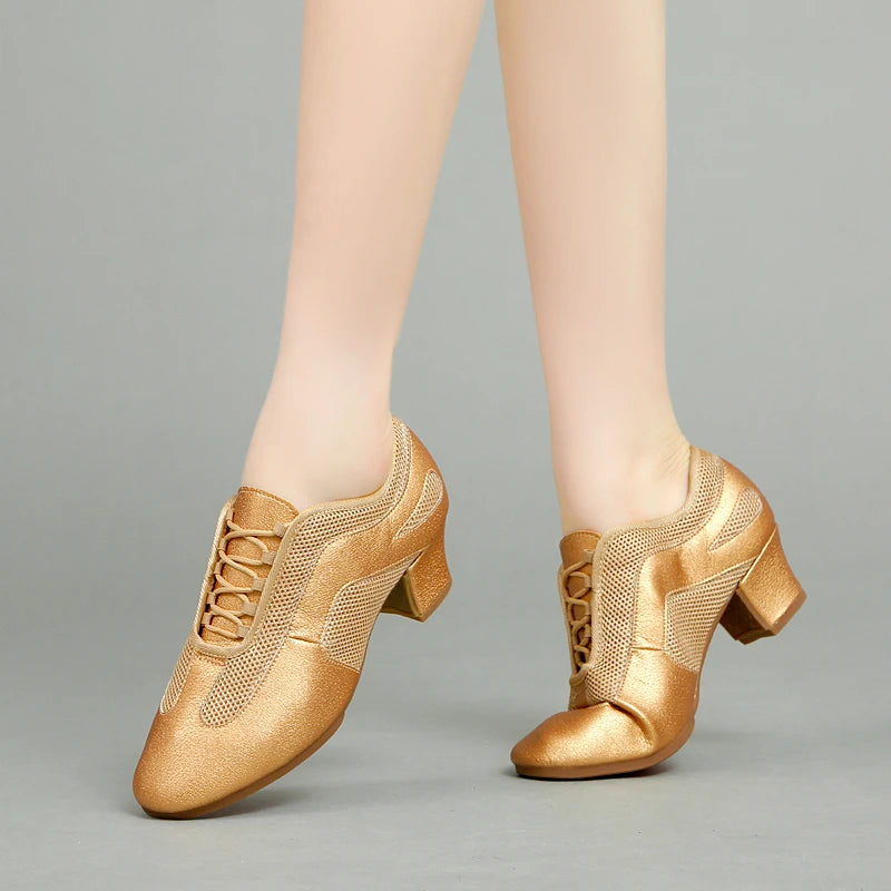 Gold Lace-up Mesh Breathable Dance Shoes