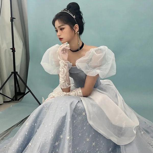 open lace back dress Blue Tulle Lace Knee Length Prom Dress, Cute Short Sleeve Evening Part main image 0