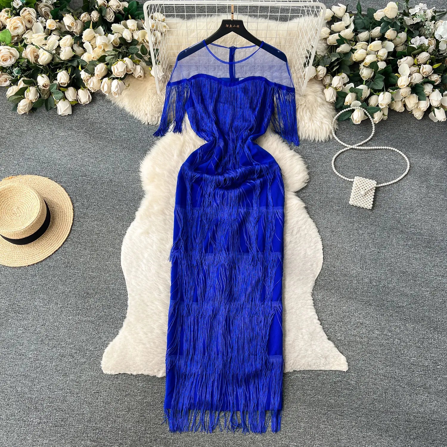 Blue Velvet Gown With Sheer Sleeves Design on Luulla