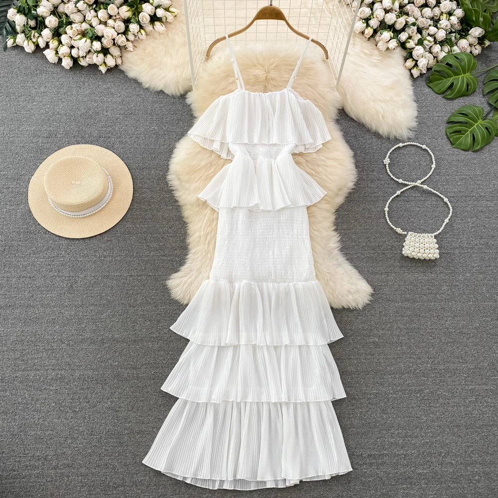 Tiered White Ruffle Dress With Spaghetti Straps on Luulla