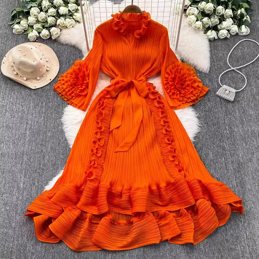 Vibrant Orange Dress With Ruffled Sleeves And Belt on Luulla