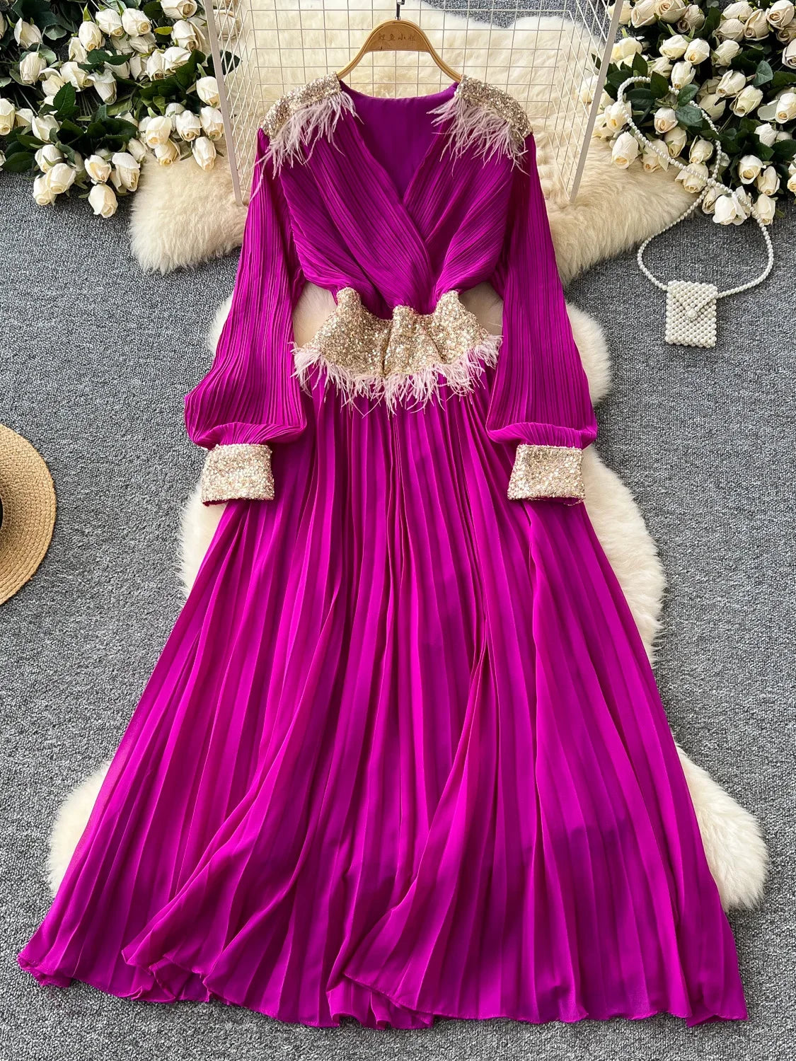 PURPLE TO RED OMBRE PLEATED DRESS DUPPATA