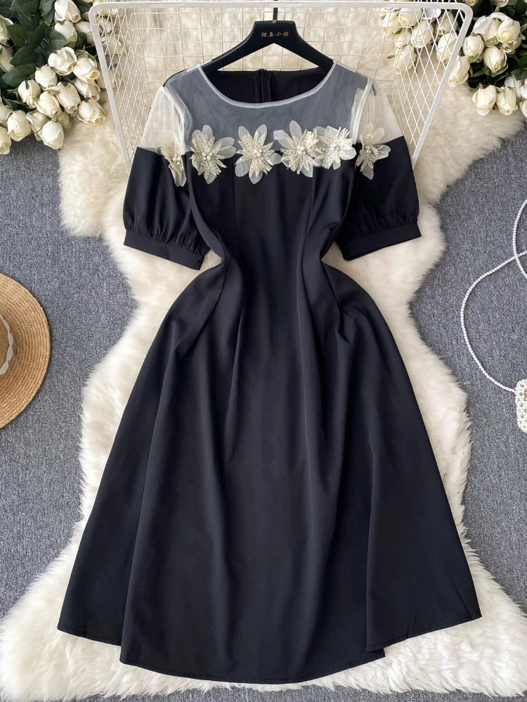 Black Dress With Floral Lace And Mesh Sleeves on Luulla