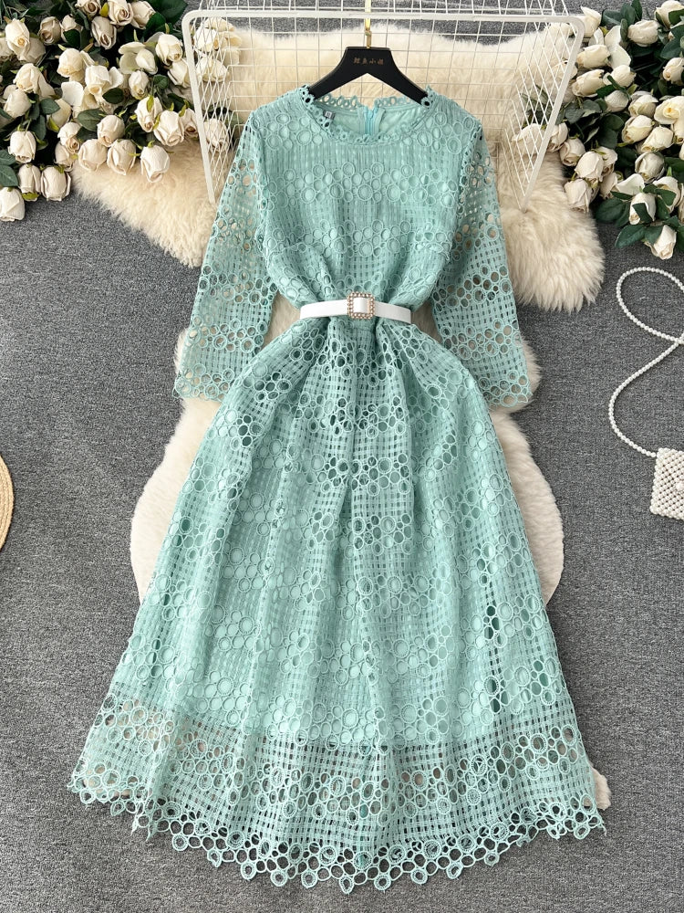 Retro Lace Panel Midi Dress with Polo Collar and Flared Sleeves main image 1