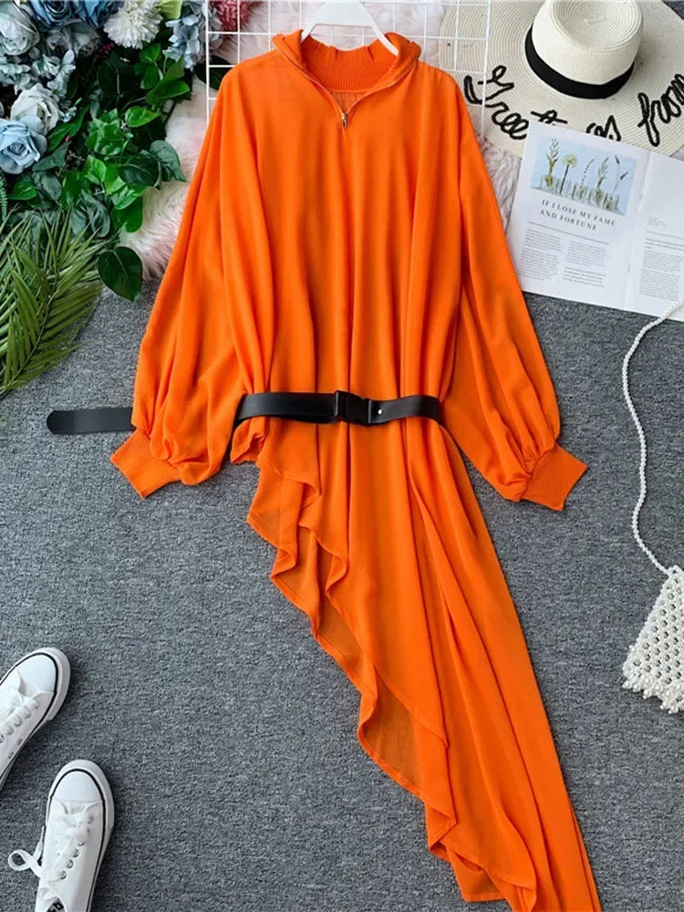 Asymmetric Orange Dress With Belt And Sleeves on Luulla