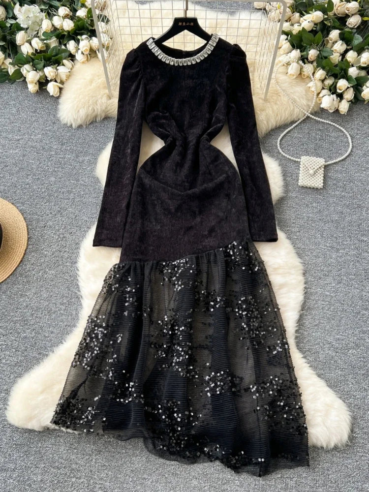 Black Velvet Dress With Sequin Lace Hem on Luulla