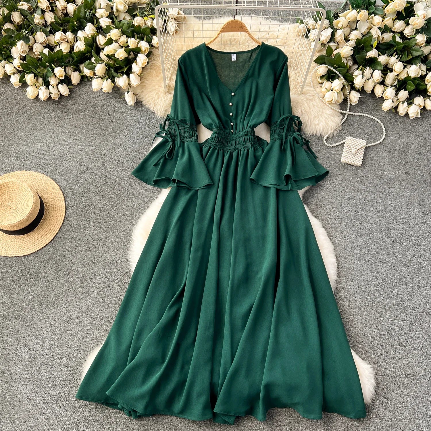 Contrast Panel High Neck Long Sleeve Maxi Dress - Green main image 0