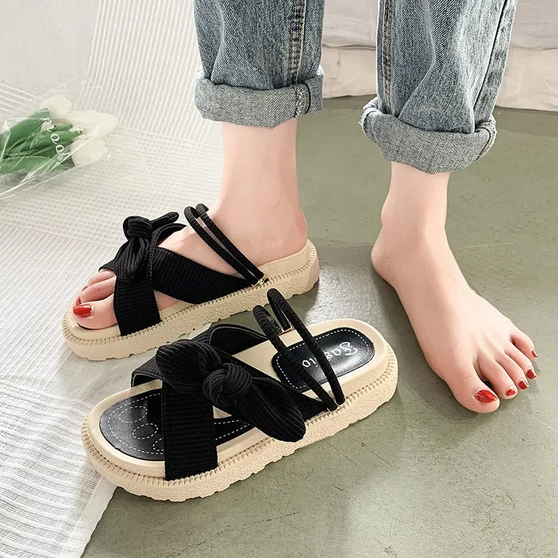 Chic Bow Plaid Cotton Fabric Thick Sole Sandals With Cushioned Insole And Slingback Strap main image 1